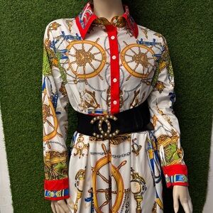 Nautical Print Dress with Red Accents